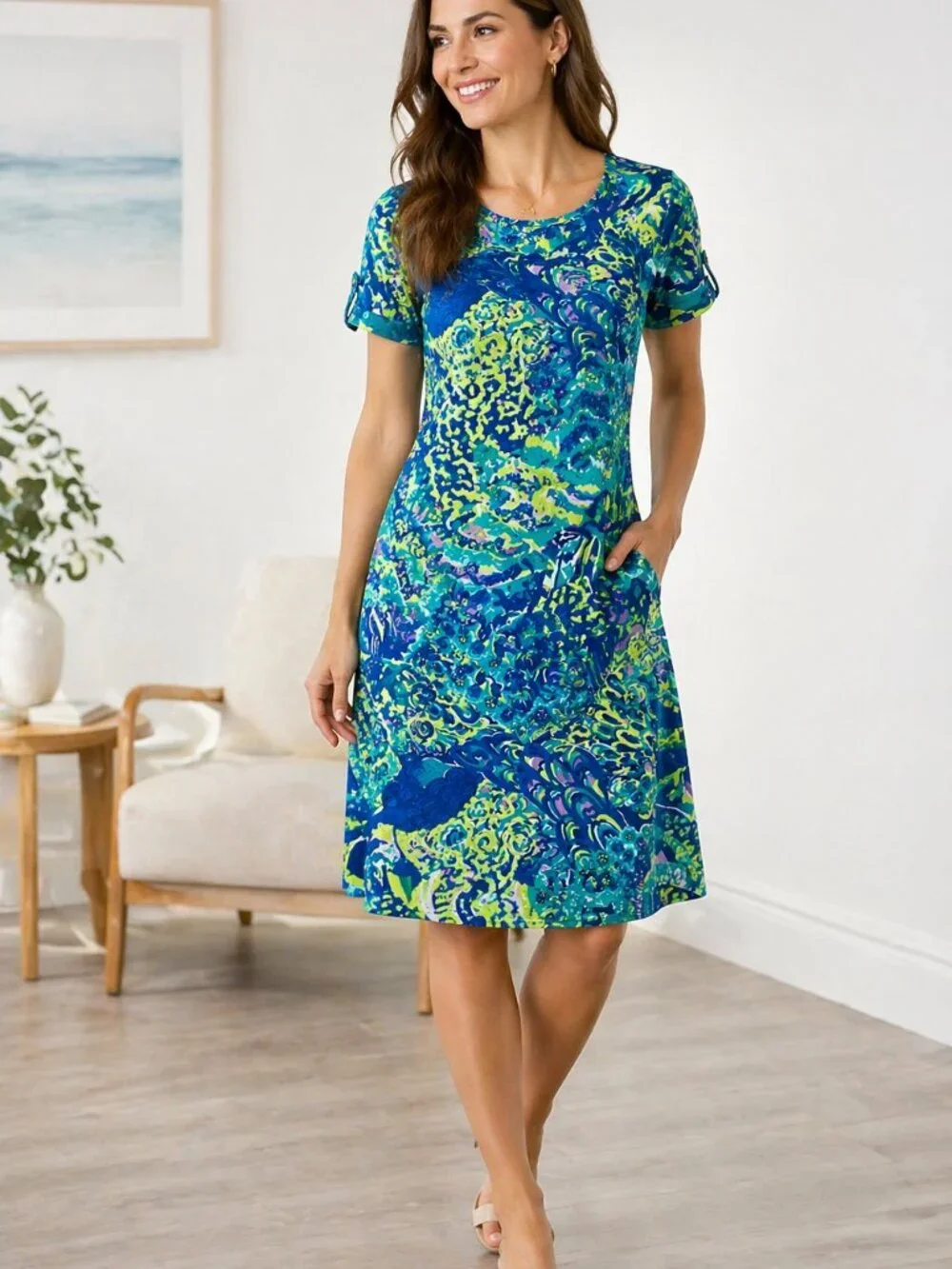 Philosophy Aqua Peacock Print Dress Knee Length S M L XL NWT - Picture 1 of 9